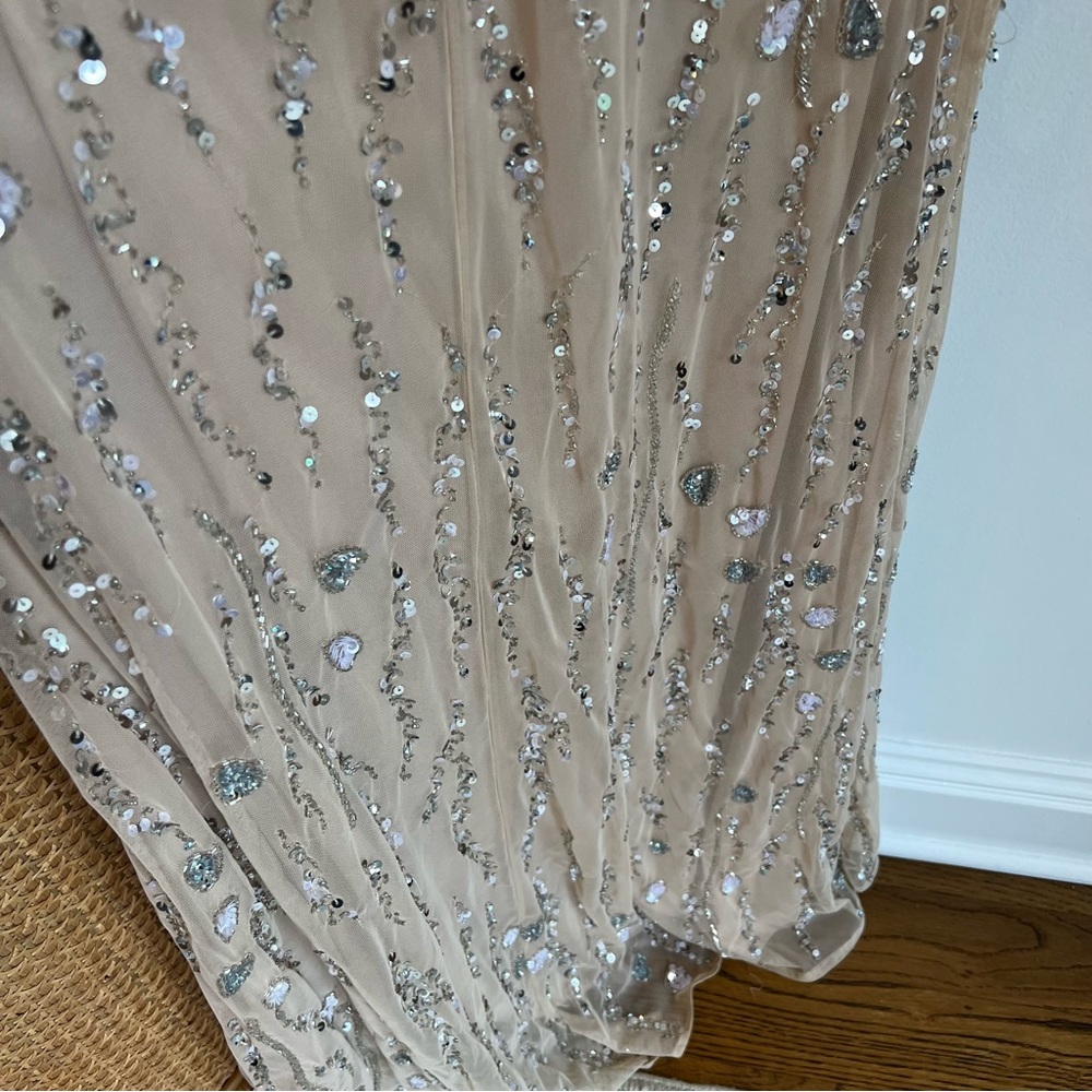 Mac Duggal Embellished One Shoulder Draped Maxi Gown Nude & Silver | Size 8 - Picture 13 of 16